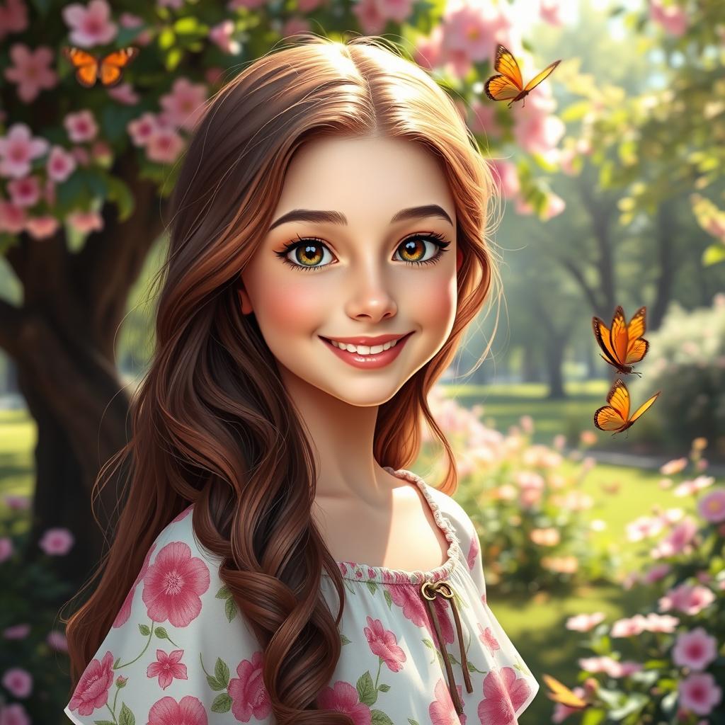A vibrant portrait of a girl with long wavy chestnut hair, bright hazel eyes, and an enchanting smile