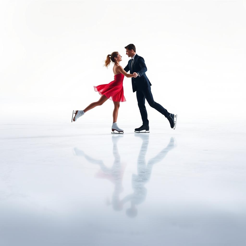 A stylish couple of ice skaters gracefully performing on a minimalist ice rink, showcasing their skillful movements