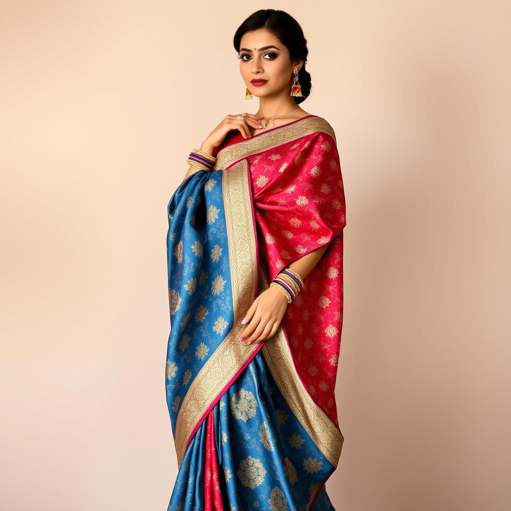 An elegantly draped Indian saree, showcasing intricate patterns and vibrant colors such as deep reds, royal blues, and shimmering gold accents