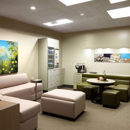 A relaxation-filled break room in a dental clinic for staff to unwind. The room includes comfortable sofas, a coffee station, a snack bar, a refrigerator, soothing wall paintings, and plenty of natural light.