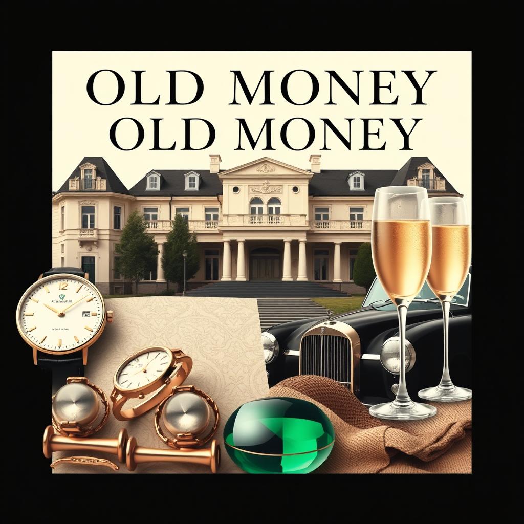 A modern cover design with an old money feel, featuring a classic color palette of elegant neutral tones such as ivory, black, gold, and emerald green