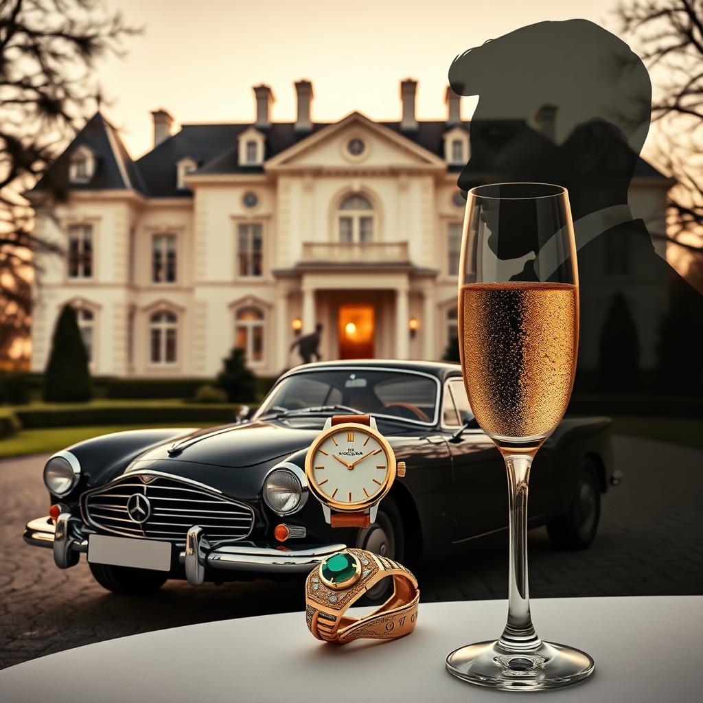 A luxurious and elegant composition featuring a classic European mansion as the backdrop, adorned with symbols of timeless luxury such as a vintage car, a classic wristwatch, and a heritage ring