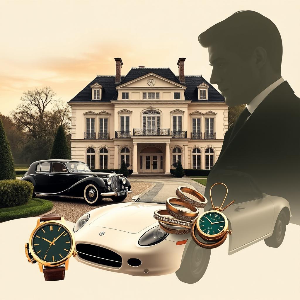 An elegant and luxurious scene featuring a classic European mansion that serves as the main focal point