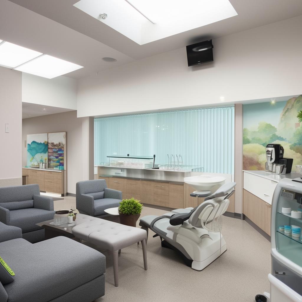 A relaxation-filled break room in a dental clinic for staff to unwind. The room includes comfortable sofas, a coffee station, a snack bar, a refrigerator, soothing wall paintings, and plenty of natural light.