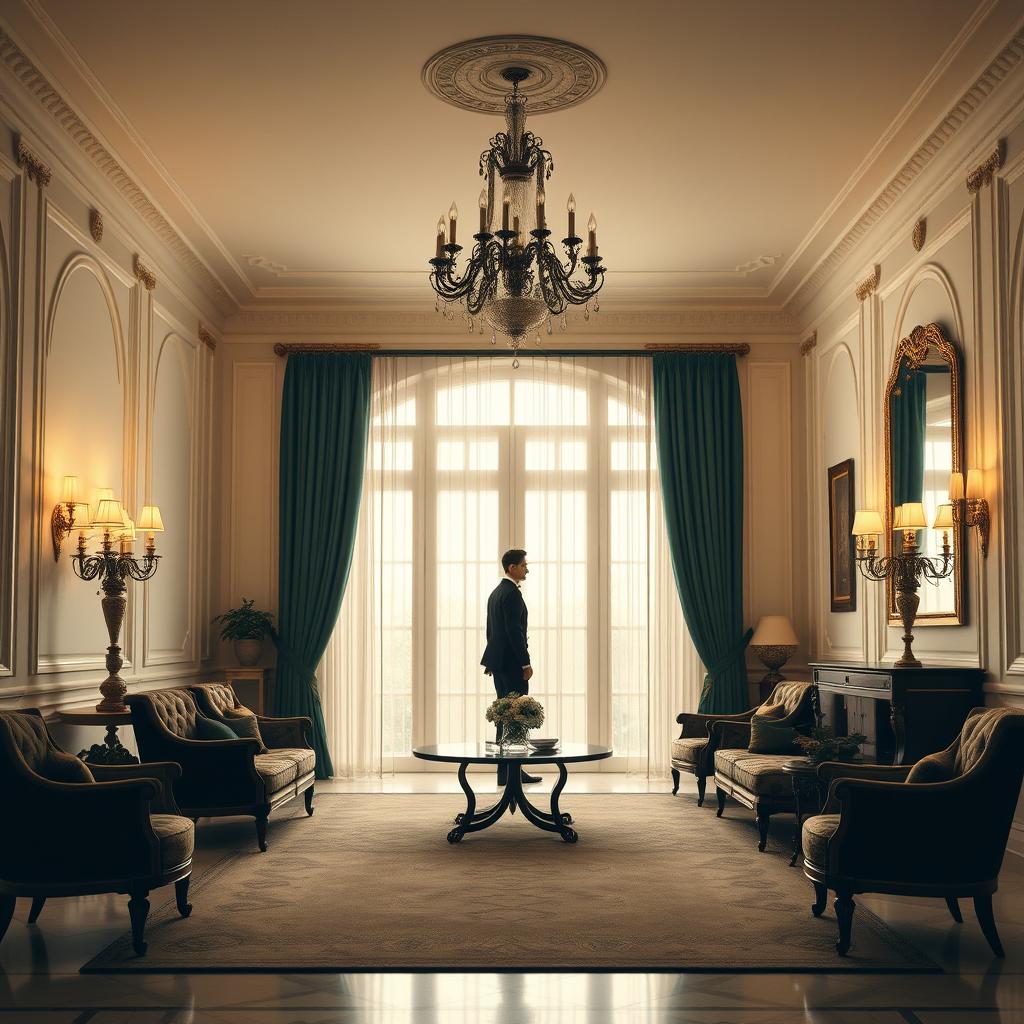 An elegant European mansion interior showcasing a classic color palette of neutral tones, including ivory white, black, gold, and emerald green