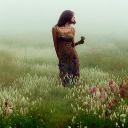 Vintage supermodel posing amidst a plethora of vibrant flowers in a dewy, mist-draped meadow.