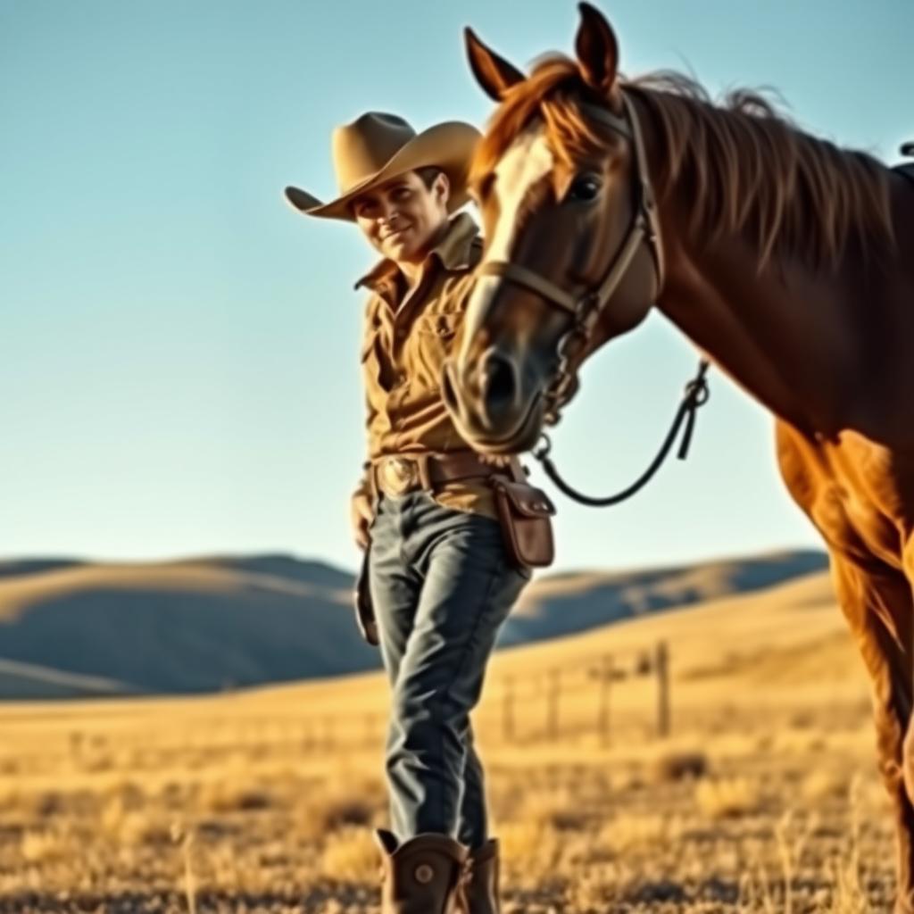 A realistic scene of a person wearing cowboy attire, including a cowboy hat, boots, and a western-style shirt