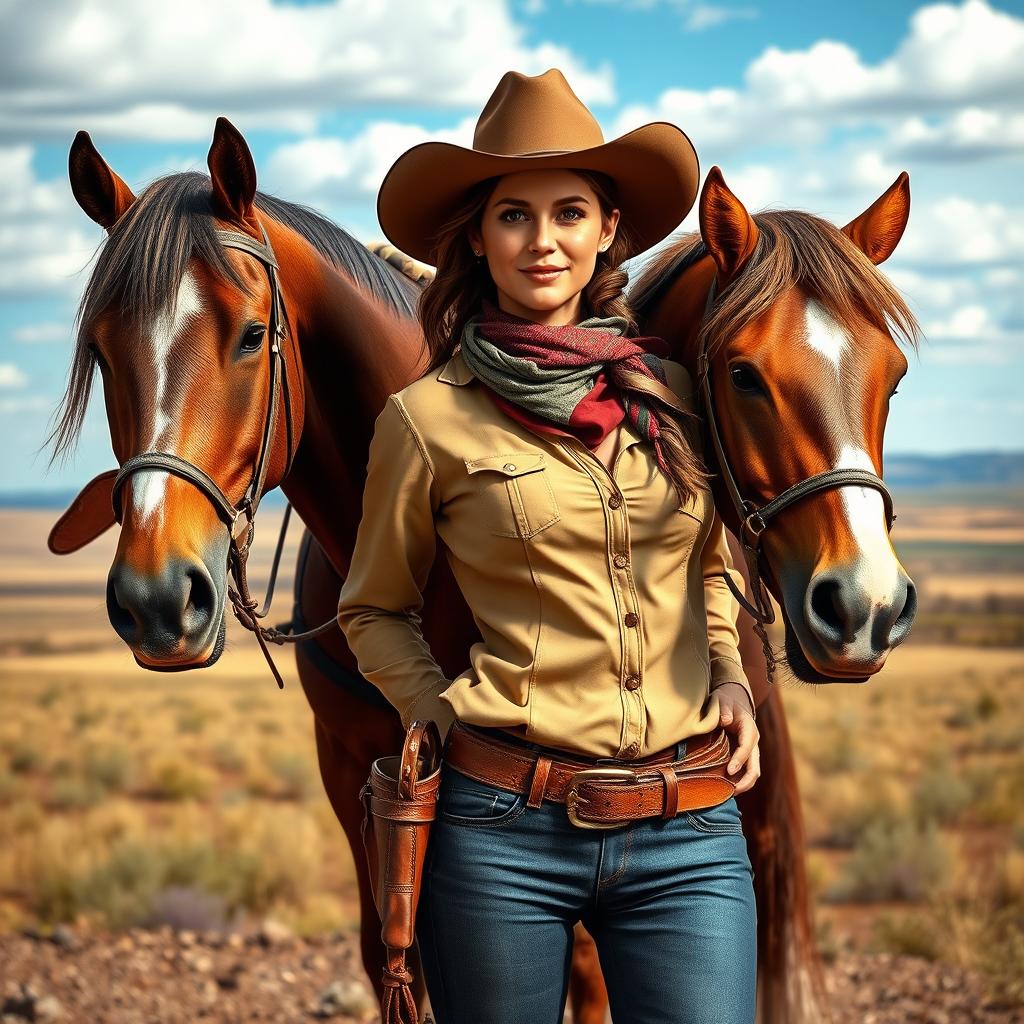 A realistic woman dressed in cowboy attire, wearing a traditional cowboy hat and stylish boots, stands proudly beside a lifelike horse