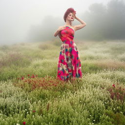 Vintage supermodel posing amidst a plethora of vibrant flowers in a dewy, mist-draped meadow.