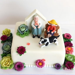 A square cake adorned with a flat figurine made of fondant in the shape of a house