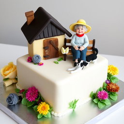A square cake adorned with a flat figurine made of fondant in the shape of a house