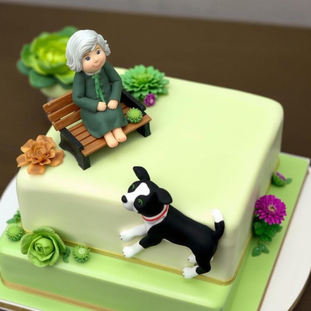 A square cake adorned with a flat figurine made of fondant in the shape of a house