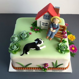A square cake adorned with a flat figurine made of fondant in the shape of a house