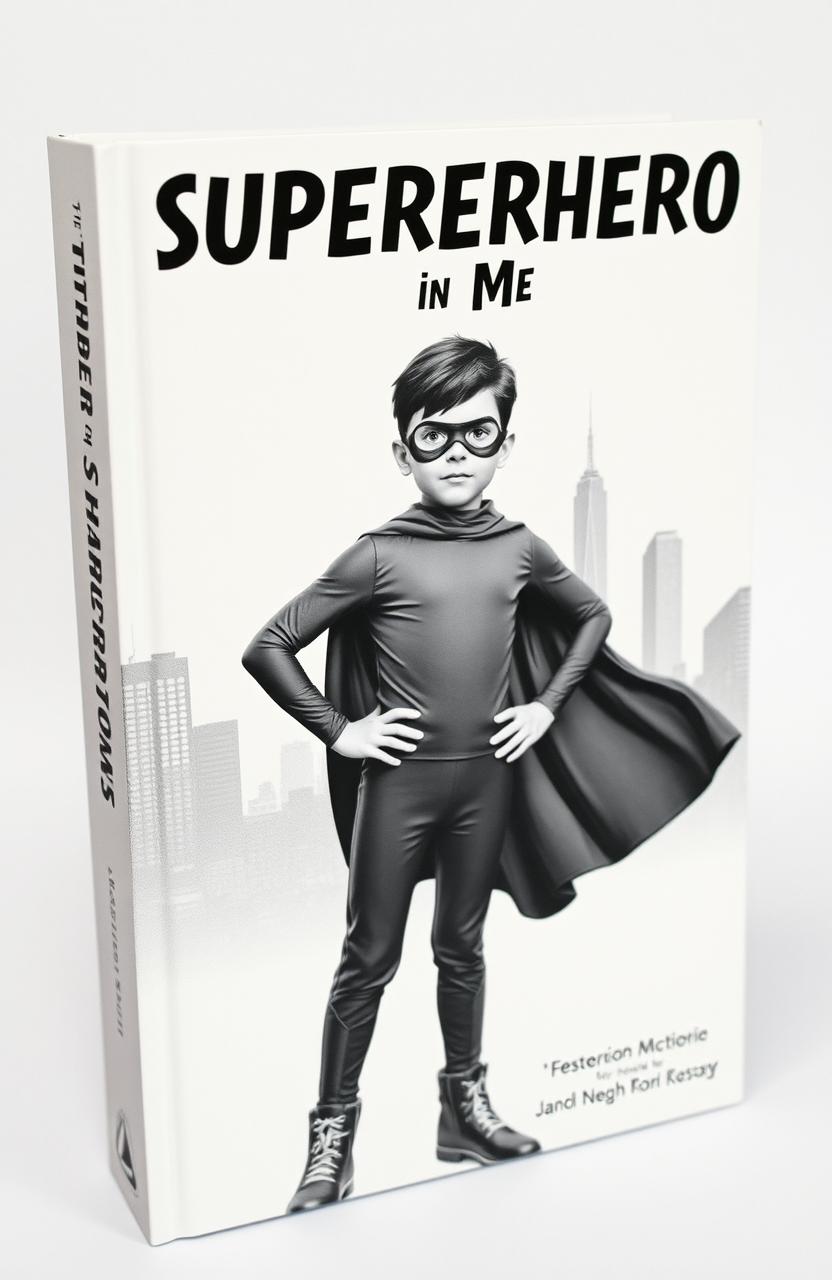 A striking black and white book cover featuring a young superhero with a neutral appearance, avoiding distinctly male or female features, standing confidently with hands on hips