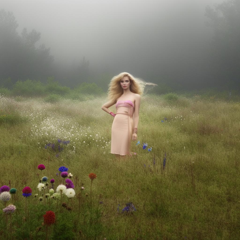 Vintage supermodel posing amidst a plethora of vibrant flowers in a dewy, mist-draped meadow.