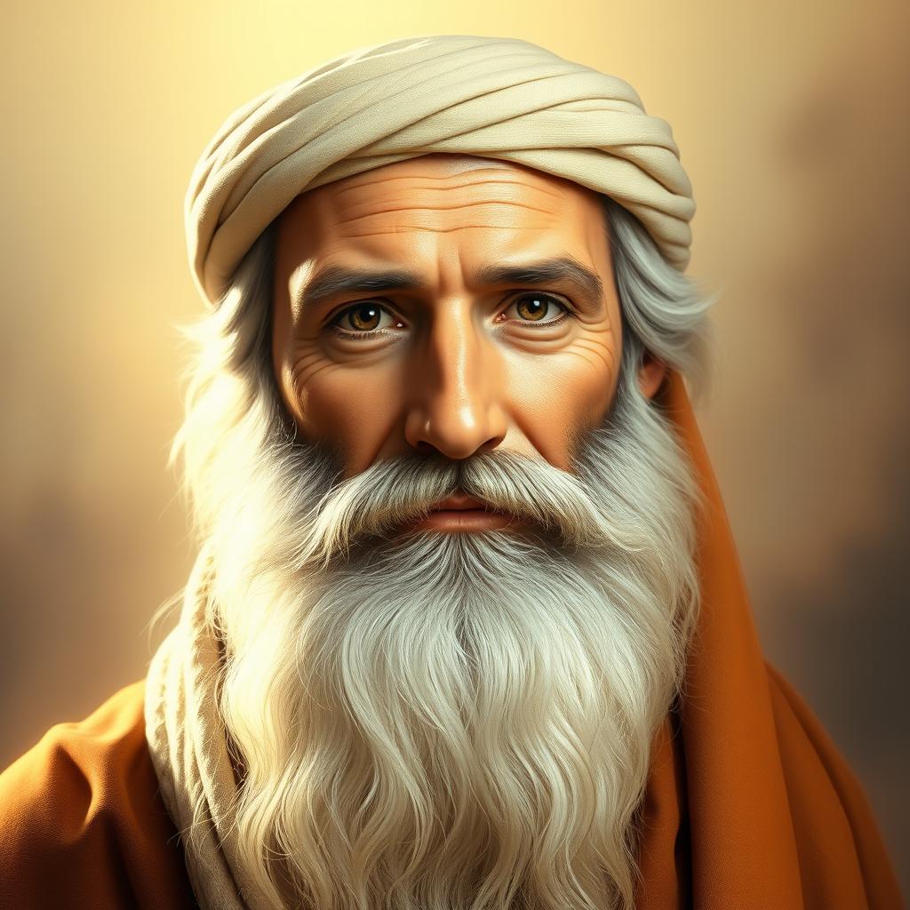 A realistic and prophetic portrait of the Prophet Abraham, showcasing a wheat-like complexion, a high forehead, a kind and gentle mouth, and a long, flowing white beard