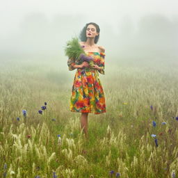 Vintage supermodel posing amidst a plethora of vibrant flowers in a dewy, mist-draped meadow.