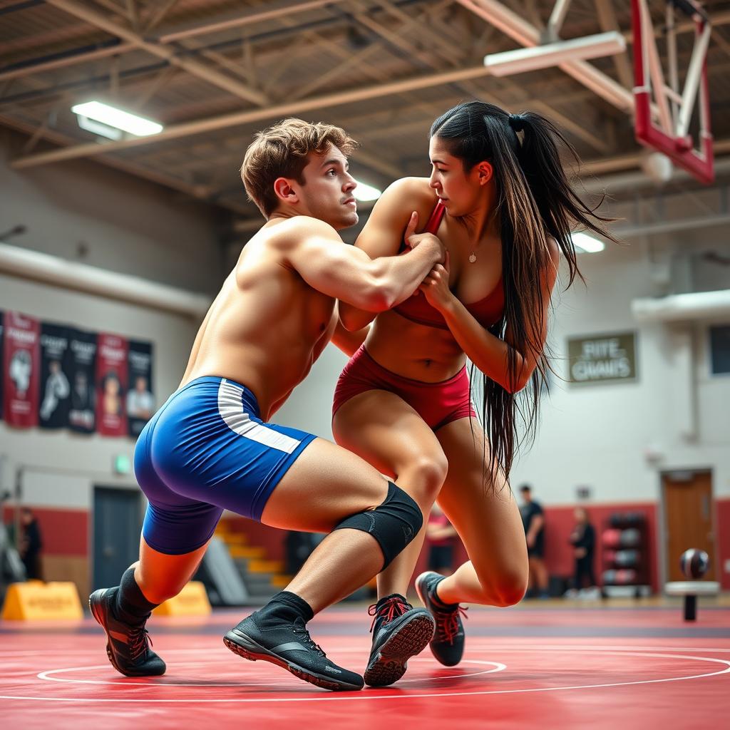 A dynamic scene in a university gym where two college athletes engage in a mixed wrestling match
