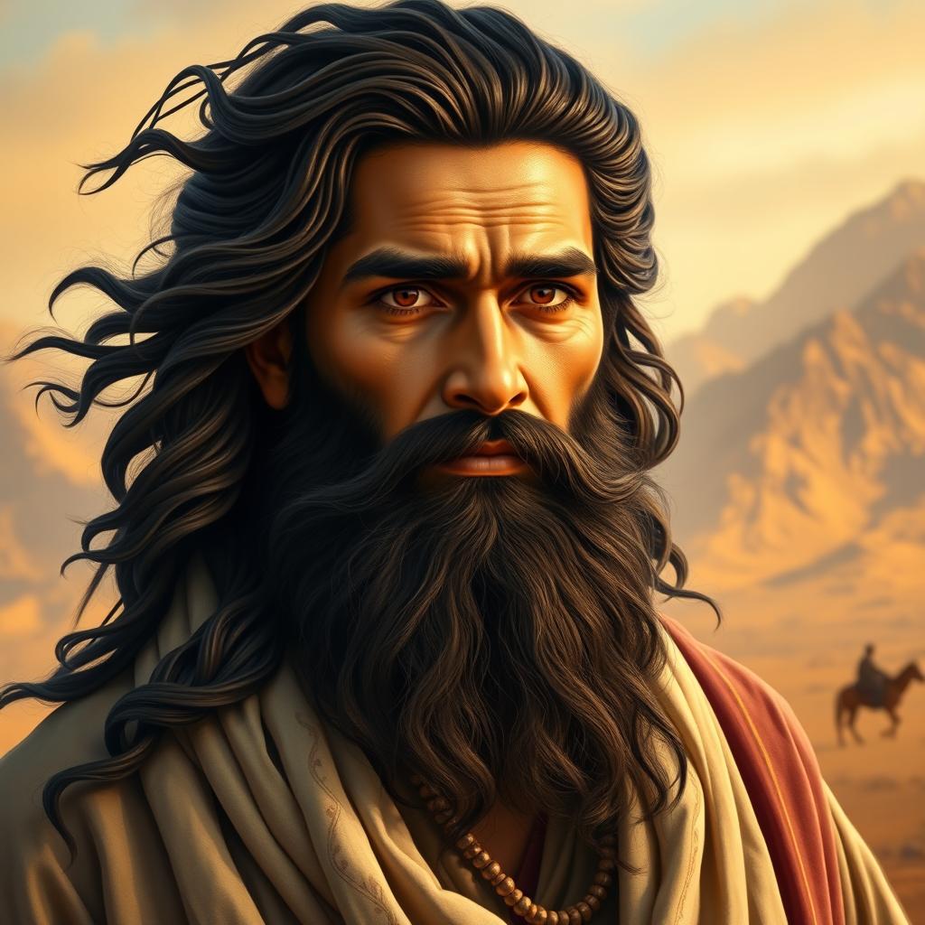 A hyper-realistic and prophetic portrayal of the Prophet Musa ibn Imran, depicting him with a wheat-colored face, deep and expressive features, prominently black hair cascading in waves, tall stature that conveys strength and presence, and a thick, well-groomed beard