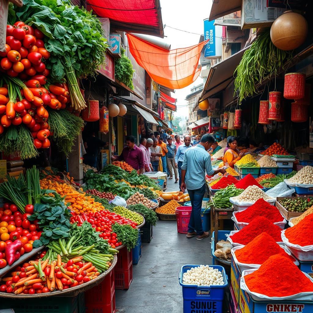 A bustling Indian street vegetable open market, filled with vibrant and fresh produce