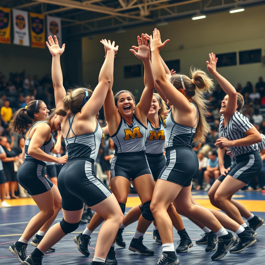 An exciting scene depicting a women's wrestling team victorious over a men's wrestling team in a lively and energetic match