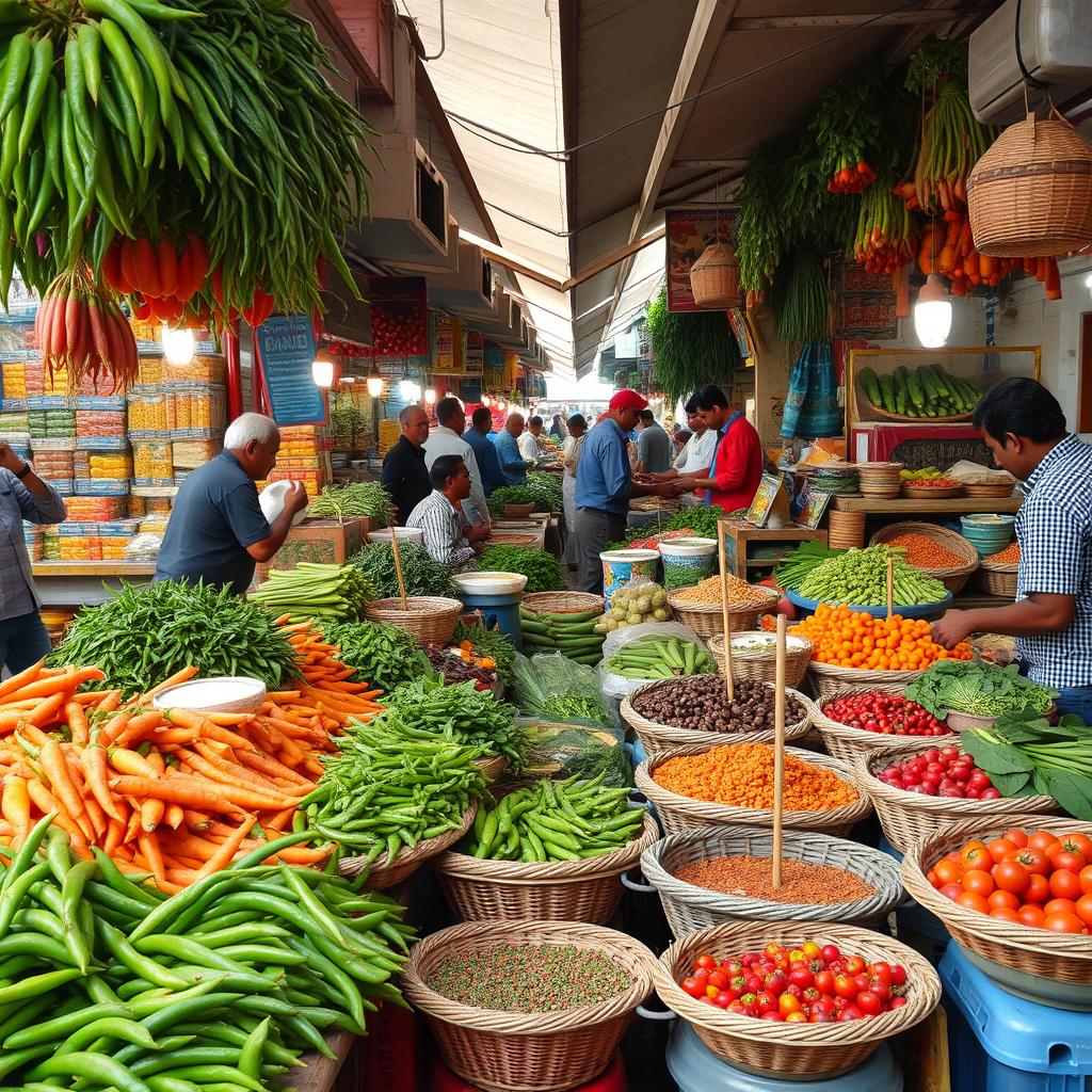 A lively Indian street vegetable open market, bustling with activity and vibrant colors