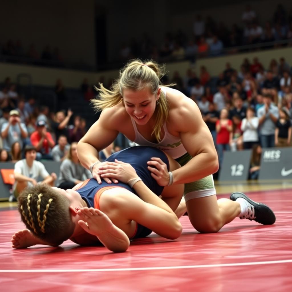 A thrilling varsity wrestling match scene where a girl successfully pins a muscular boy, showcasing her skill and determination