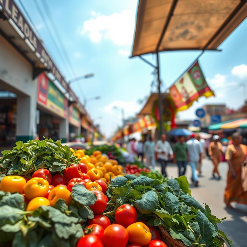 A vibrant scene of an Indian vegetable stall under an open sky, captured in a horizontal format