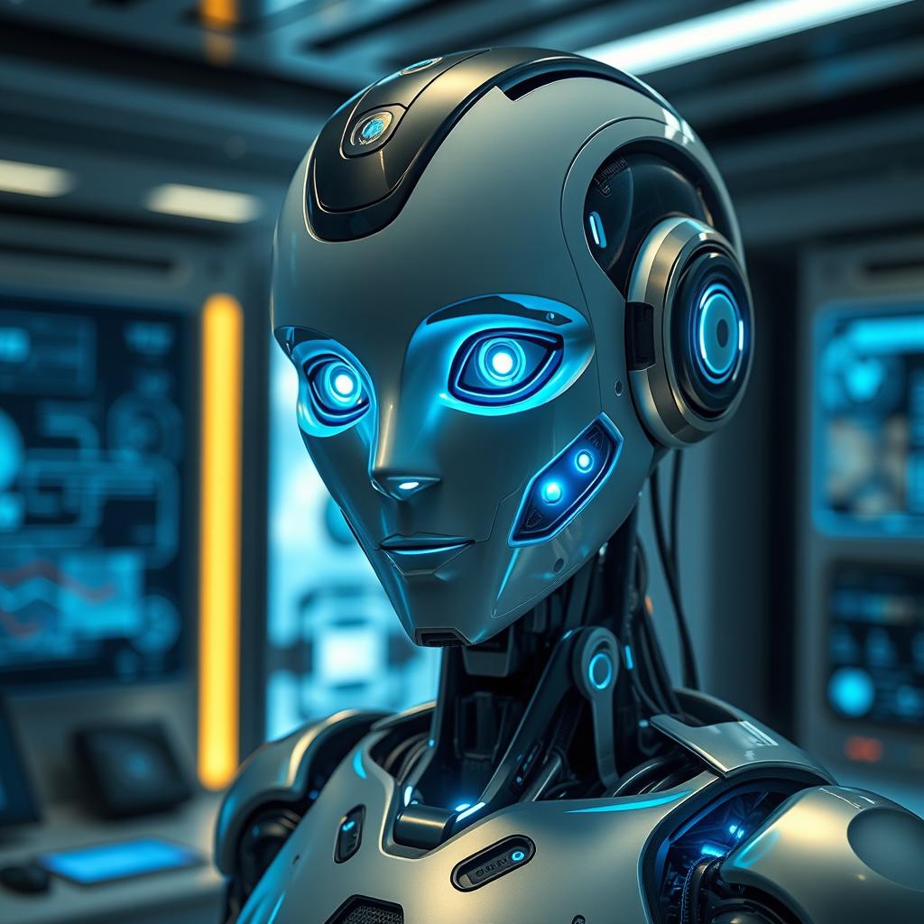 An advanced AI represented as a humanoid robot with sleek metallic parts, glowing blue circuits, and expressive digital eyes that convey intelligence