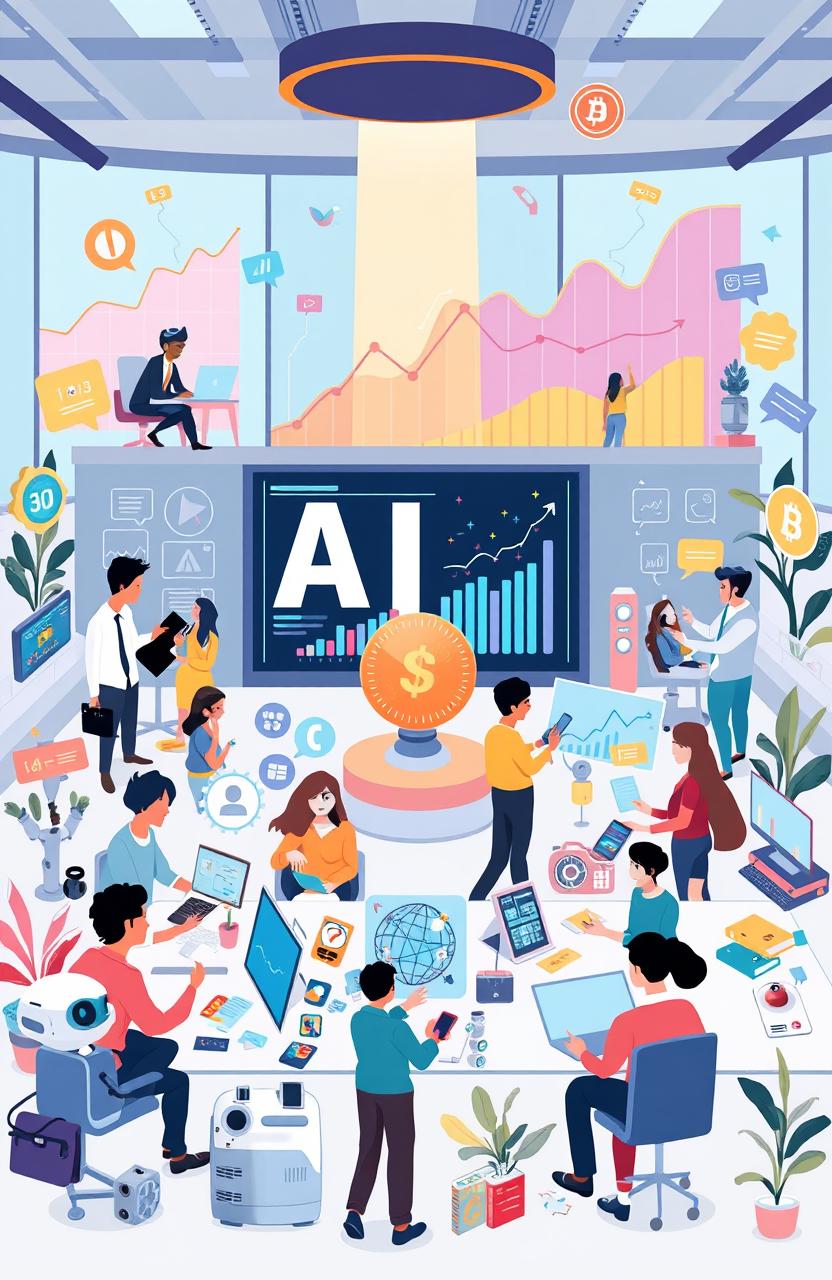 A visually engaging illustration showcasing various innovative AI-related business activities to make money