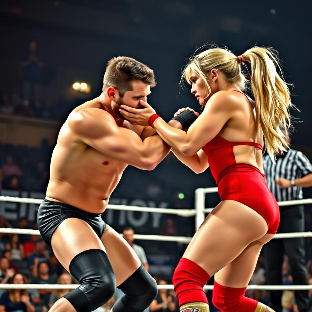 A dynamic mixed wrestling match featuring two athletes, one male and one female, competing intensely in a wrestling ring