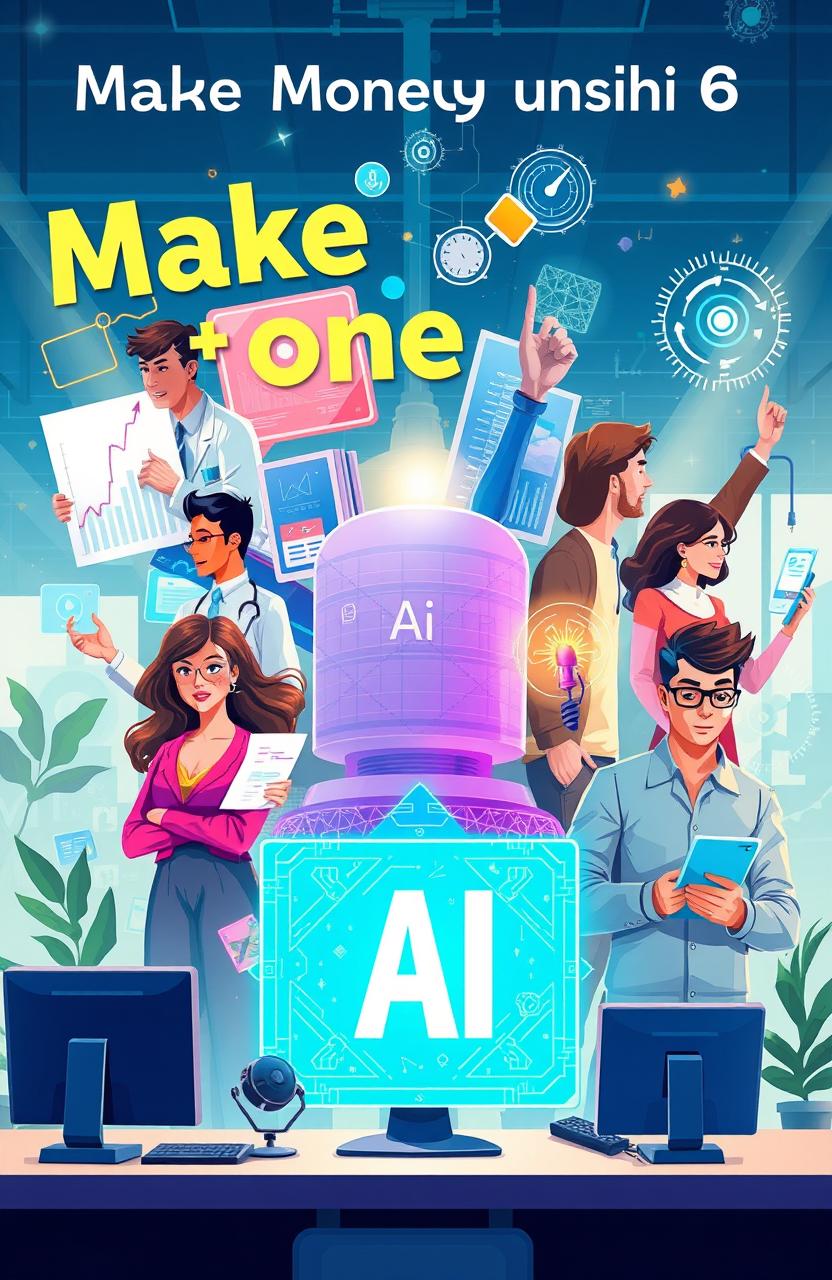 A visually striking illustration depicting various ways to make money using AI, featuring a diverse group of people in different professions such as a data scientist analyzing graphs, a marketer creating advertisements, an artist using AI to generate digital art, and a developer coding an app