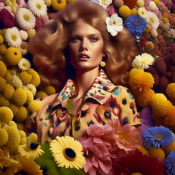 A supermodel from the 70s in a high fashion editorial photo shoot, surrounded by millions of vibrant, diverse flowers.