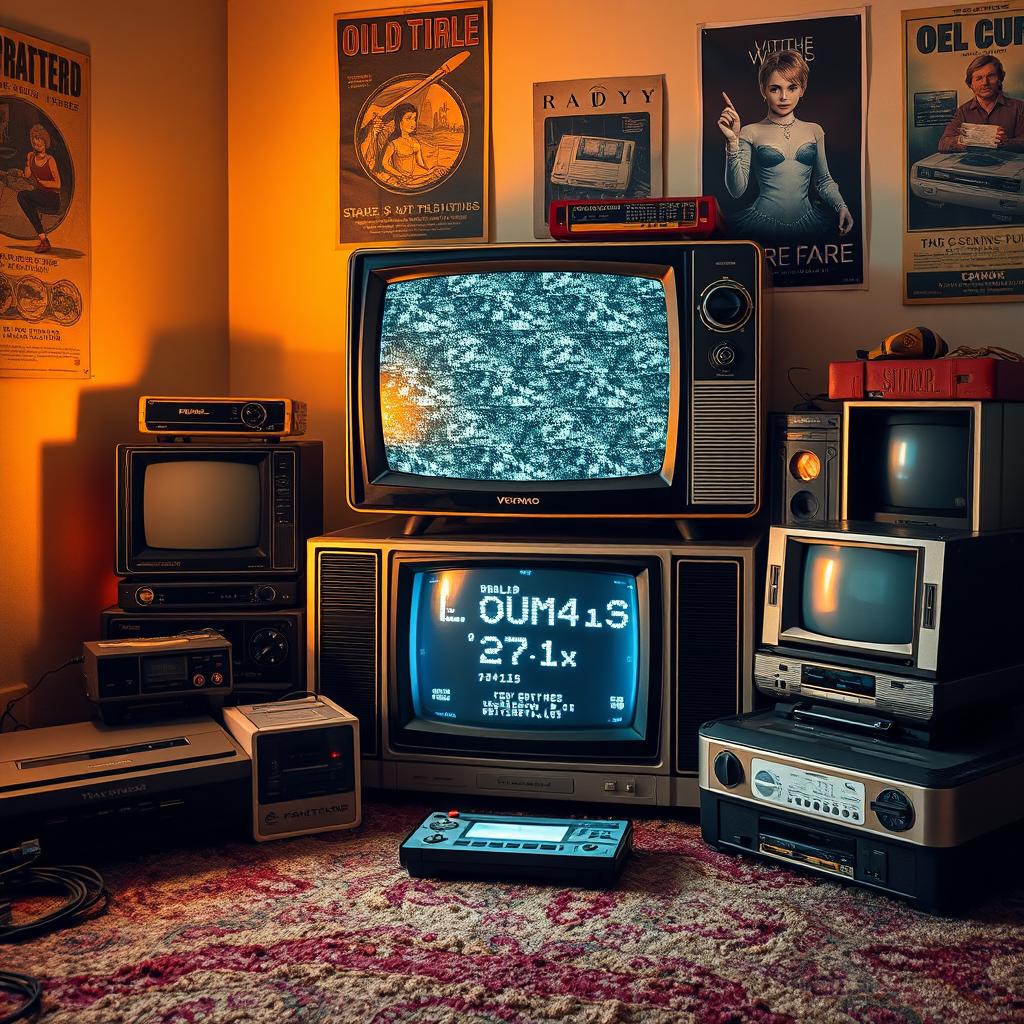 An artistic representation of the phrase 'Old Quality Video', featuring a vintage television set displaying a static-filled screen, surrounded by various retro gaming consoles and VHS tapes