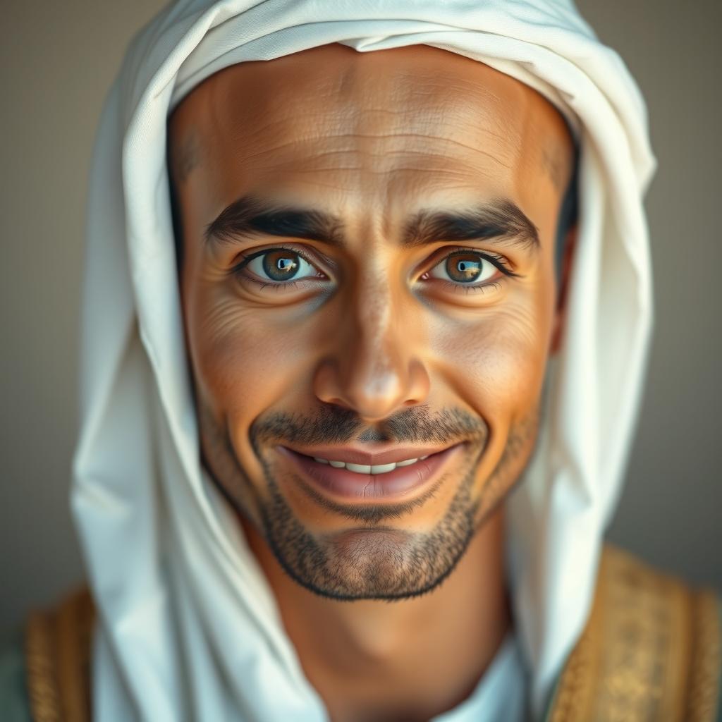 A realistic face of an Arabian man with a beautiful wheat-colored complexion, large expressive eyes, continuous dark eyebrows, and a pleasant, warm smile
