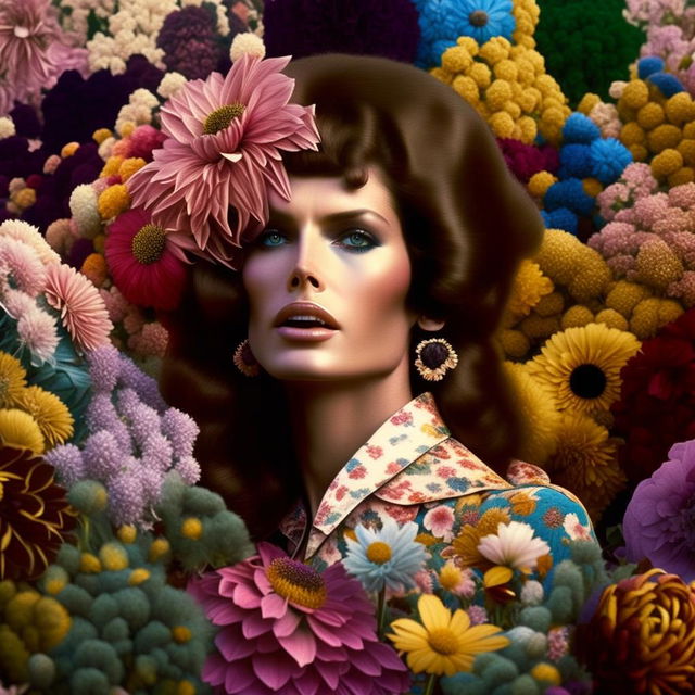 A supermodel from the 70s in a high fashion editorial photo shoot, surrounded by millions of vibrant, diverse flowers.