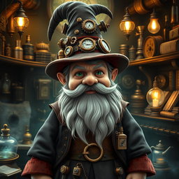A steampunk wizard gnome with features resembling Tyrion Lannister, wearing a detailed outfit combining Victorian-era clothing and magical elements