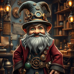 A steampunk wizard gnome with features resembling Tyrion Lannister, wearing a detailed outfit combining Victorian-era clothing and magical elements