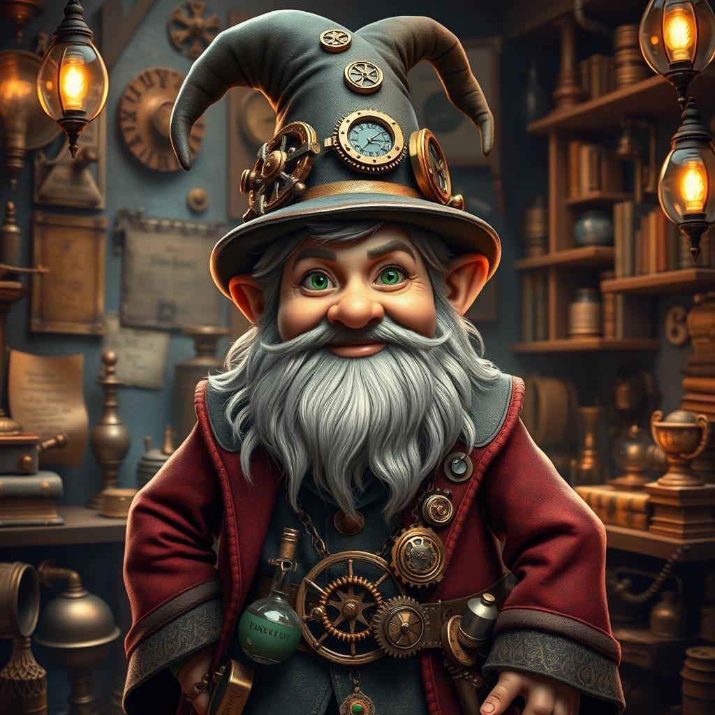 A steampunk wizard gnome with features resembling Tyrion Lannister, wearing a detailed outfit combining Victorian-era clothing and magical elements