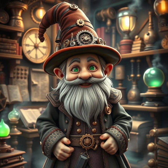 A steampunk wizard gnome with features resembling Tyrion Lannister, wearing a detailed outfit combining Victorian-era clothing and magical elements