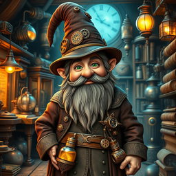 A steampunk wizard gnome with features resembling Tyrion Lannister, wearing a detailed outfit combining Victorian-era clothing and magical elements