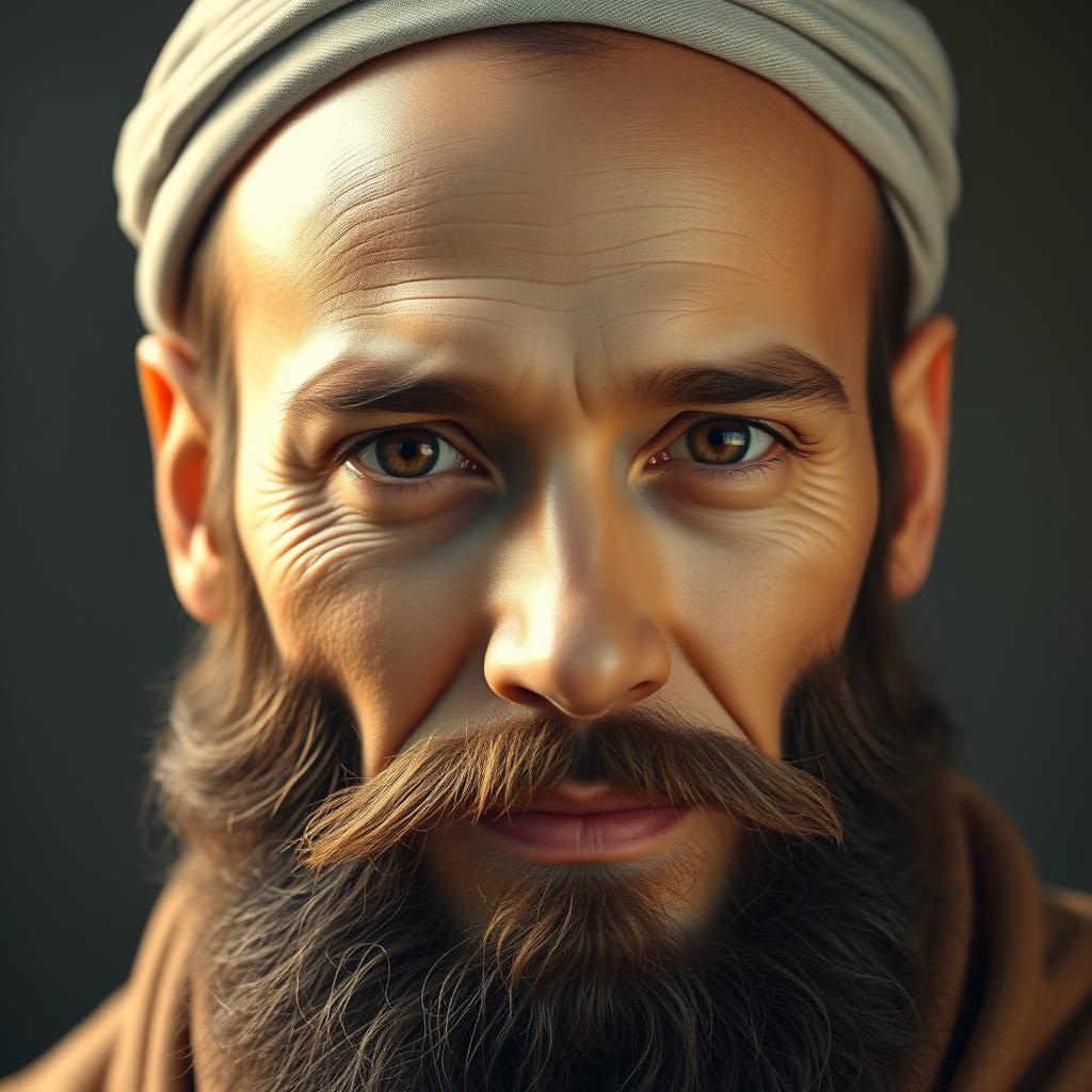 A realistic portrait of a prophet characterized by a beautiful, wheat-colored face, large expressive eyes, continuous eyebrows, and a radiant complexion that conveys inner peace