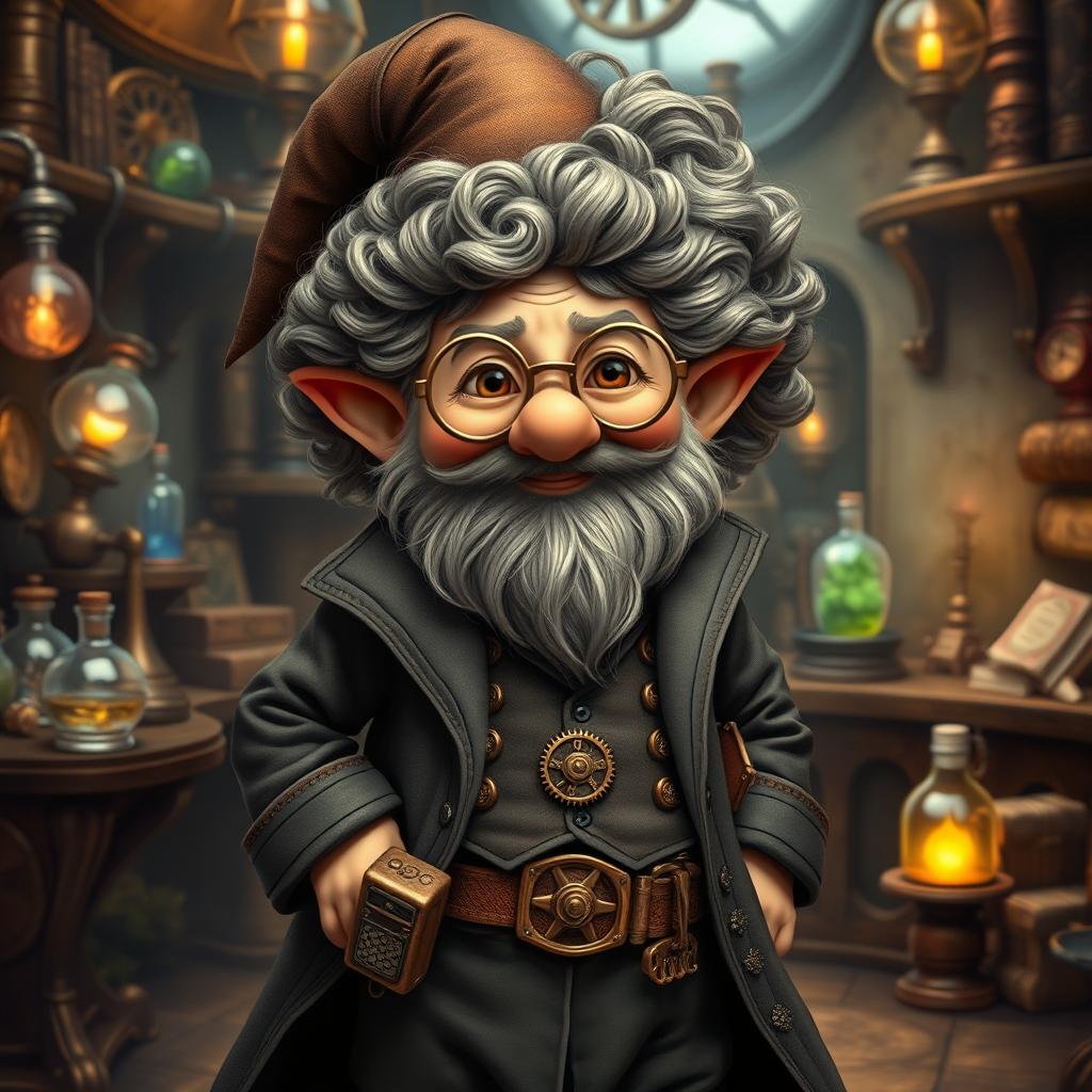 A whimsical steampunk wizard gnome with curly hair, dressed in an elaborate outfit that blends Victorian fashion and magical elements
