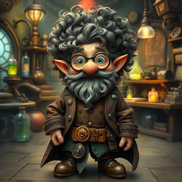 A whimsical steampunk wizard gnome with curly hair, dressed in an elaborate outfit that blends Victorian fashion and magical elements