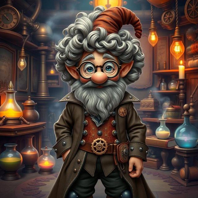 A whimsical steampunk wizard gnome with curly hair, dressed in an elaborate outfit that blends Victorian fashion and magical elements