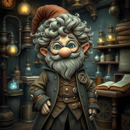 A whimsical steampunk wizard gnome with curly hair, dressed in an elaborate outfit that blends Victorian fashion and magical elements