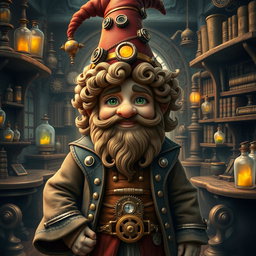 A whimsical steampunk wizard gnome with curly hair inspired by Tyrion Lannister, showcasing his distinctive features such as a well-groomed beard, twinkling green eyes, and a charming smile