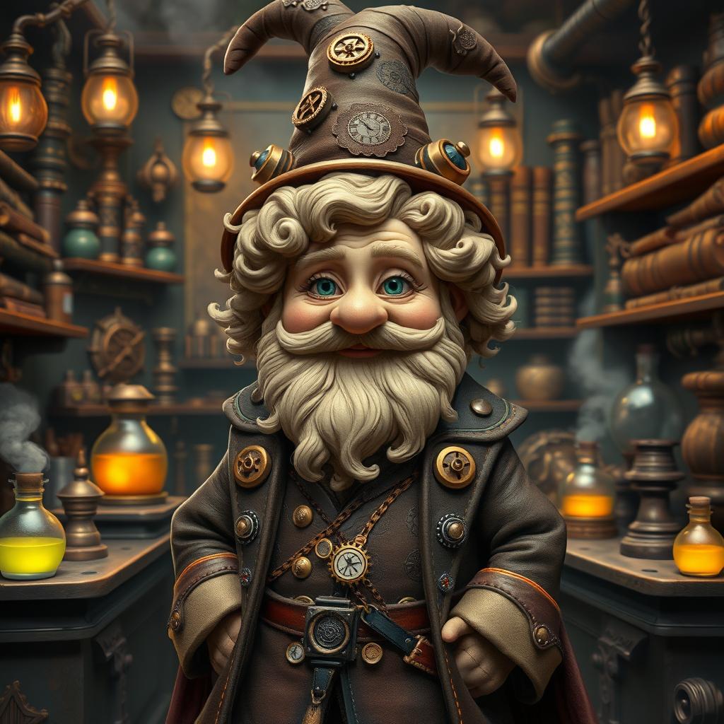 A whimsical steampunk wizard gnome with curly hair inspired by Tyrion Lannister, showcasing his distinctive features such as a well-groomed beard, twinkling green eyes, and a charming smile