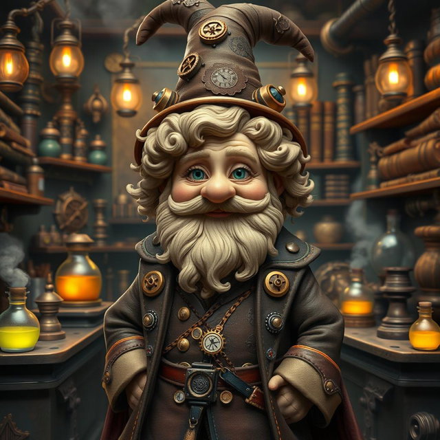 A whimsical steampunk wizard gnome with curly hair inspired by Tyrion Lannister, showcasing his distinctive features such as a well-groomed beard, twinkling green eyes, and a charming smile