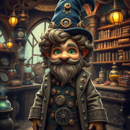 A whimsical steampunk wizard gnome with curly hair inspired by Tyrion Lannister, showcasing his distinctive features such as a well-groomed beard, twinkling green eyes, and a charming smile